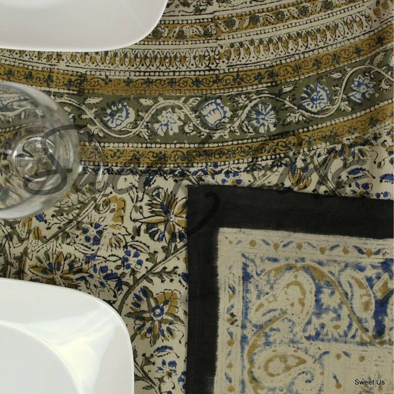 Block Print Kalamkari Paisley Floral Tablecloth Rectangle Blue Green Red Beige - 70 x 104 inches