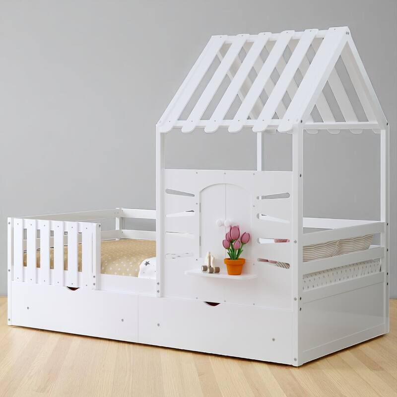 Kids Wooden Twin Bed Frame with Roof, Window Shelf, Guardrails and Storage Drawers, House Design