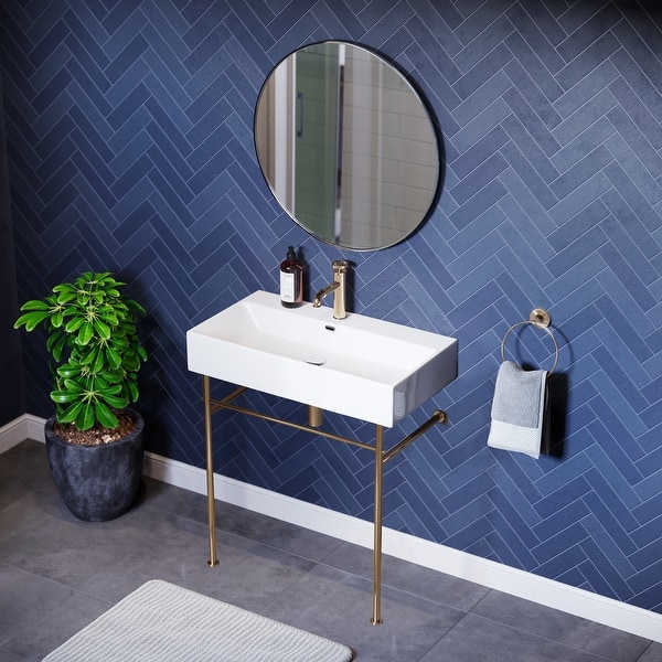 slide 2 of 70, Claire Ceramic Console Sink White Basin Gold Legs