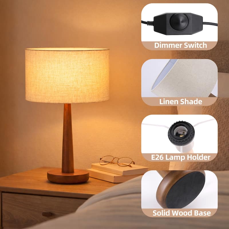 18.5" Modern Table Lamp with Walnut Wood Base, Dimmable Bedside Lamp, UL Listed