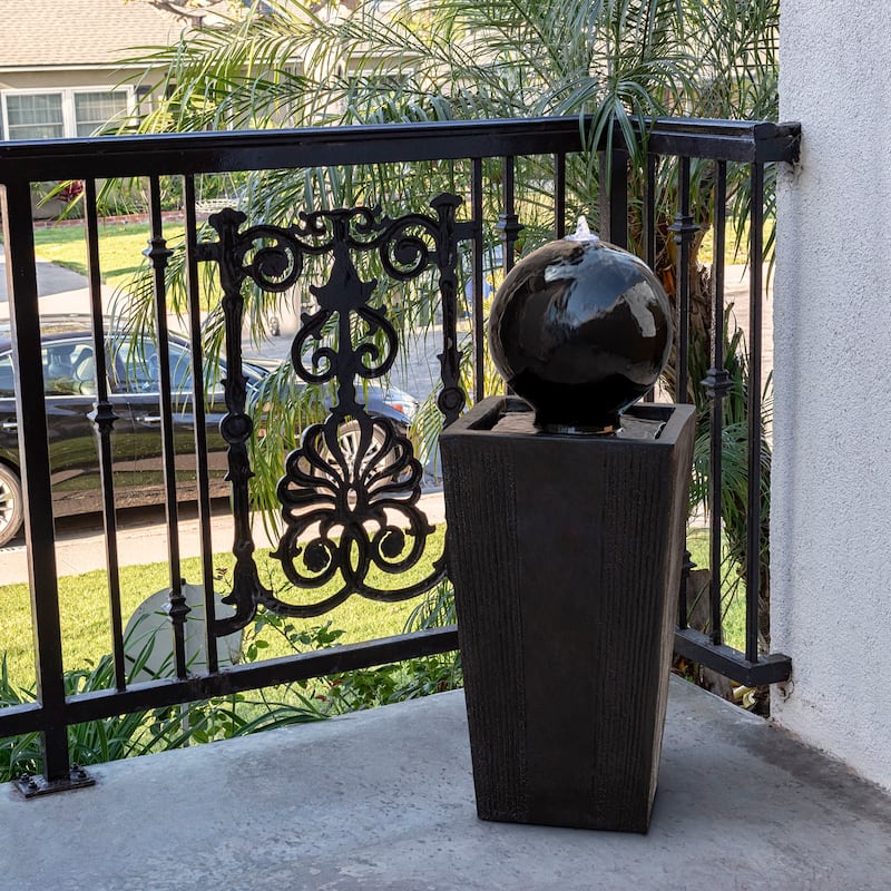 Alpine Corporation GIL786 33" Black Outdoor Modern Sphere Pedestal Water Fountain with LED Lights