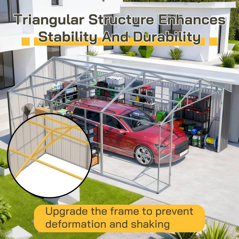 GDFStudio - Cassandra Large Outdoor Metal Storage Shed with Lockable Doors for Secure Vehicle and Equipment Storage
