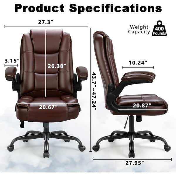 dimension image slide 1 of 2, BOSSIN Big and Tall Office Chair Ergonomic High Back Computer Adjustable Height Leather Executive Chair with Padded Flip-up Arms