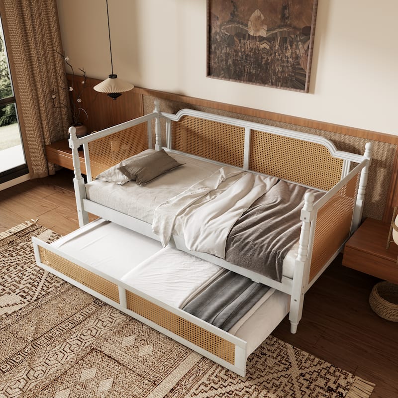 Twin/Full Rattan Bed Frame with Twin Size Trundle & Curved Headboard, Wood Bedframe Daybed for Limited Space, Bedroom Guest Room - Antique White - Twin