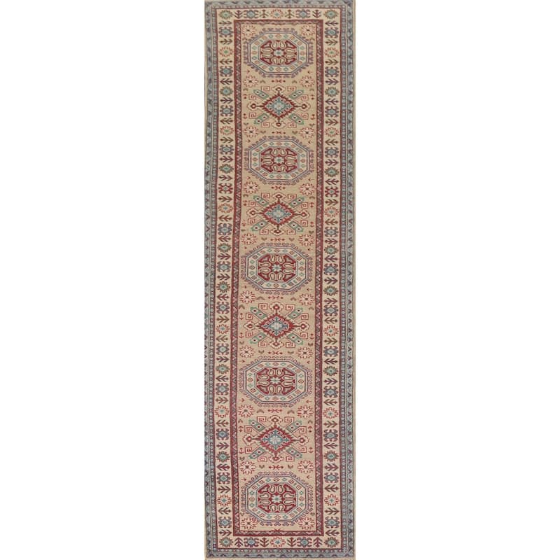 Hand Knotted Oriental 100% Wool Carpet Traditional Geometric Beige & Ivories Kazak Runner Rug - 12' 9'' X 2' 9''