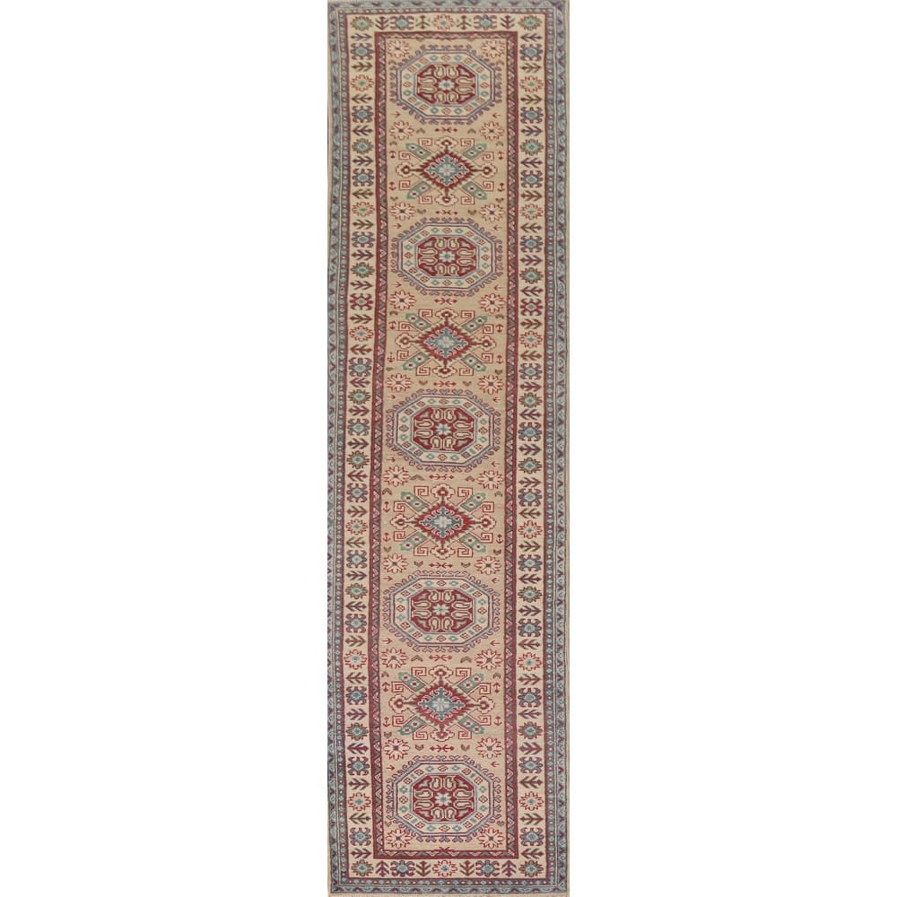 Hand Knotted Oriental 100% Wool Carpet Traditional Geometric Beige & Ivories Kazak Runner Rug - 12' 9'' X 2' 9''