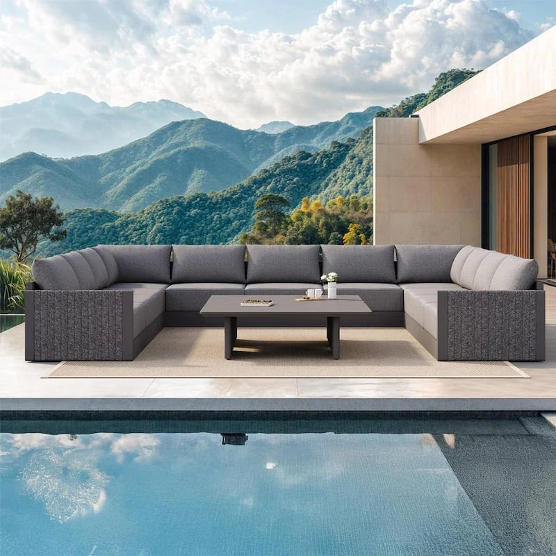 PURPLE LEAF Sanori Patio Conversation Set with Grey Ottoman and Cushion Patio Sofas Sectional Set for Poolside Graden - 11+2-Piece