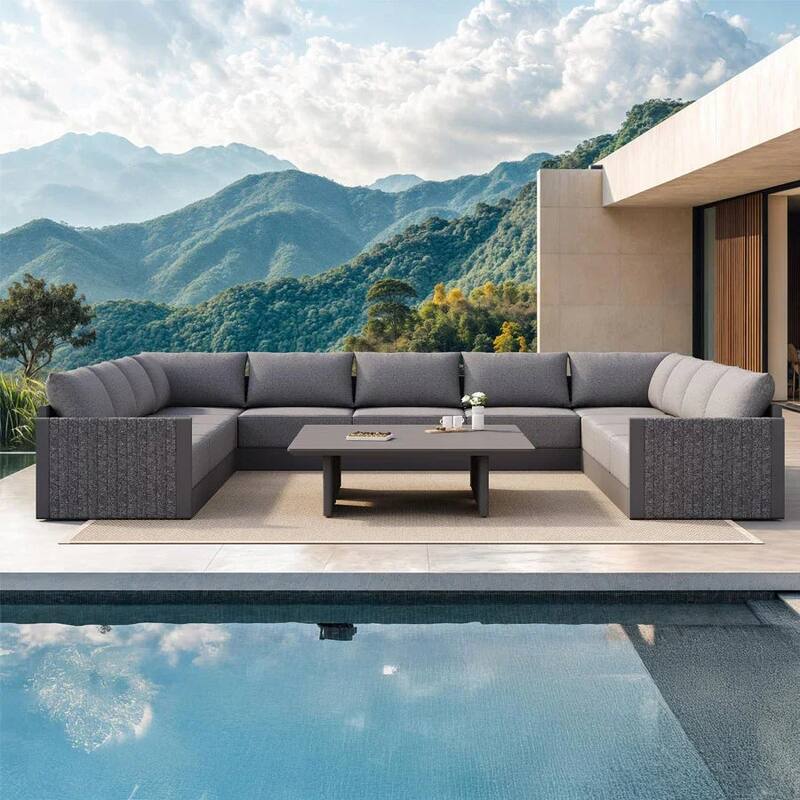 PURPLE LEAF Sanori Sectional Sofa Patio Conversation Set with Grey Ottoman and Cushion for Poolside Graden Couch - U-shaped - 11-Piece+2-Table