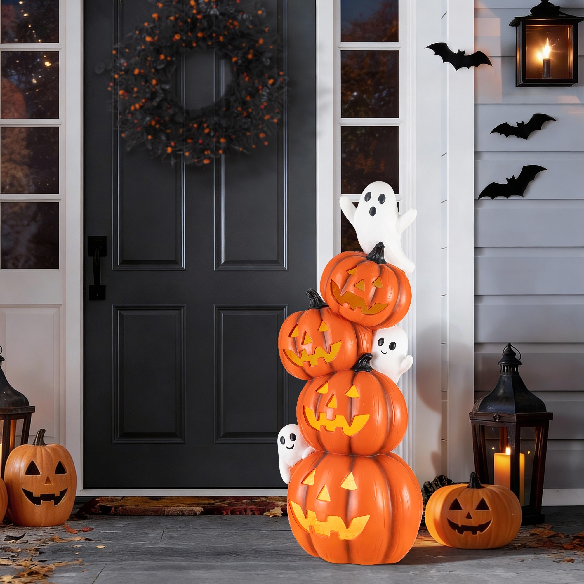 Glitzhome 2.8ft Halloween MGO Lighted Stacked Jack-O-Lantern & Ghost Porch Decor and Timer