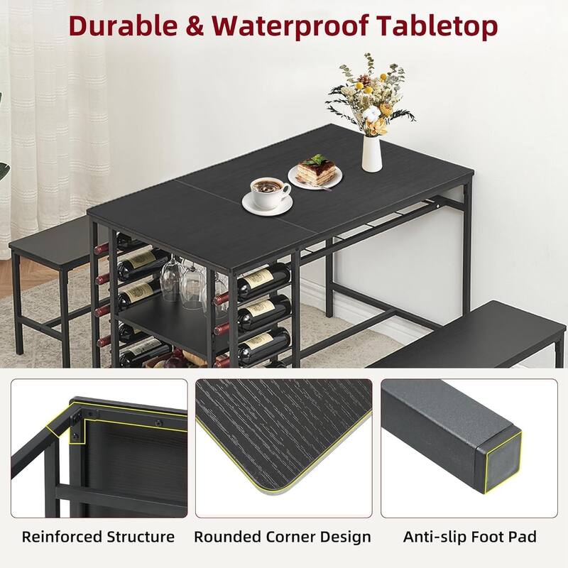 Dining Table Set with 2 Benches and Storage Shelf, Rectangular Table for Small Dining Area or Apartment