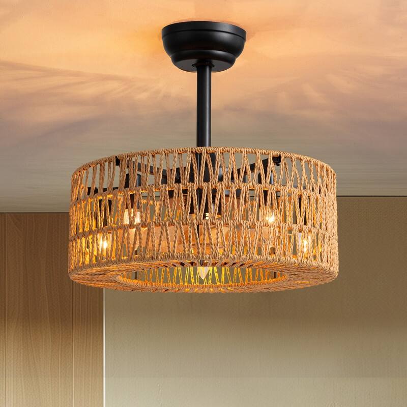 18 in. Boho Caged Ceiling Fan with Light Rattan Farmhouse Fandelier Low Profile Ceiling Fan for Bedroom Kitchen Living Room - Boho Caged Ceiling Fan