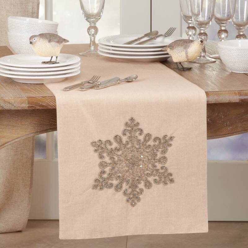Beaded Table Runner With Snowflake Design - Pewter