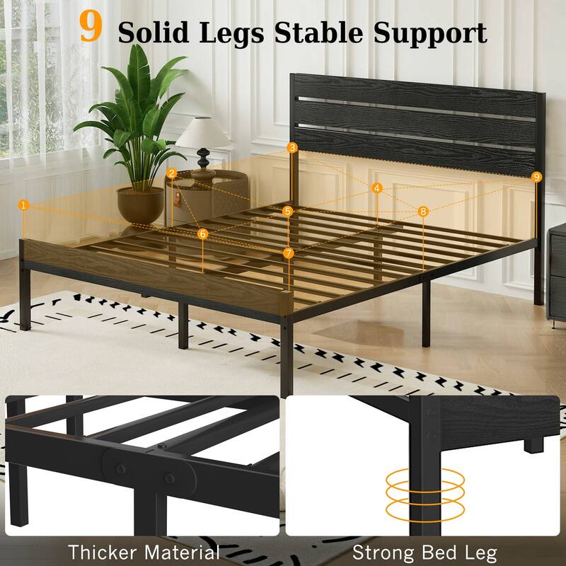 VECELO Industrial Wood Bed Frame with Headboard Twin Size Beds/Full Size Beds/Queen Size Beds