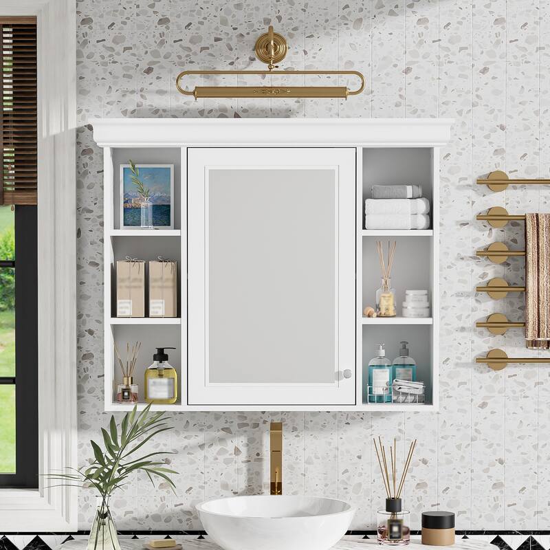 GDFStudio - Valence Modern Wall-Mounted Bathroom Storage Cabinet with Mirror and Open Shelves - 35'' x 28''