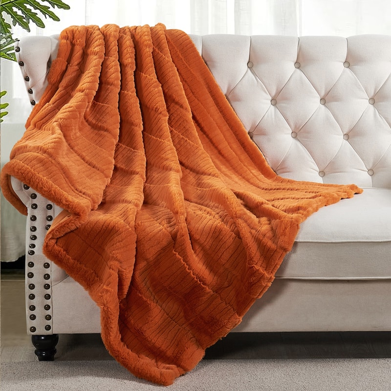 Sculpted Stripe FauxFur Throw Super Soft Cozy Blankets for Couch - 50" x 60" - Burnt Orange