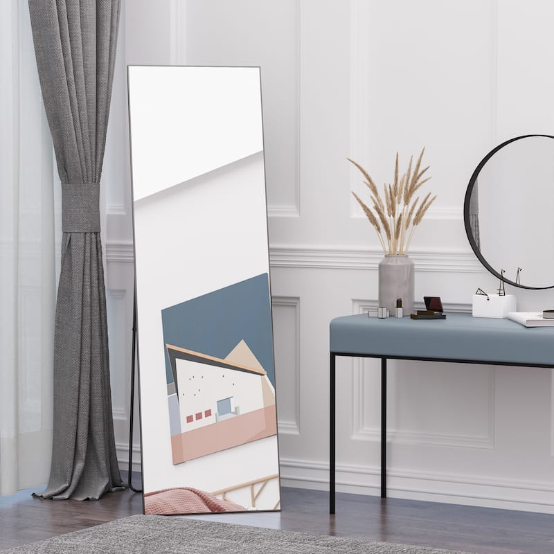 Black Aluminum Alloy Full-Length Dressing Mirror with Steel Bracket - 19.75" W x 63.5" H x 0.75" T - Black