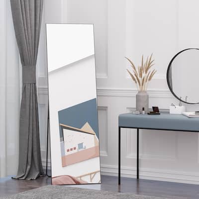 Black Aluminum Alloy Full-Length Dressing Mirror with Steel Bracket - 19.75" W x 63.5" H x 0.75" T