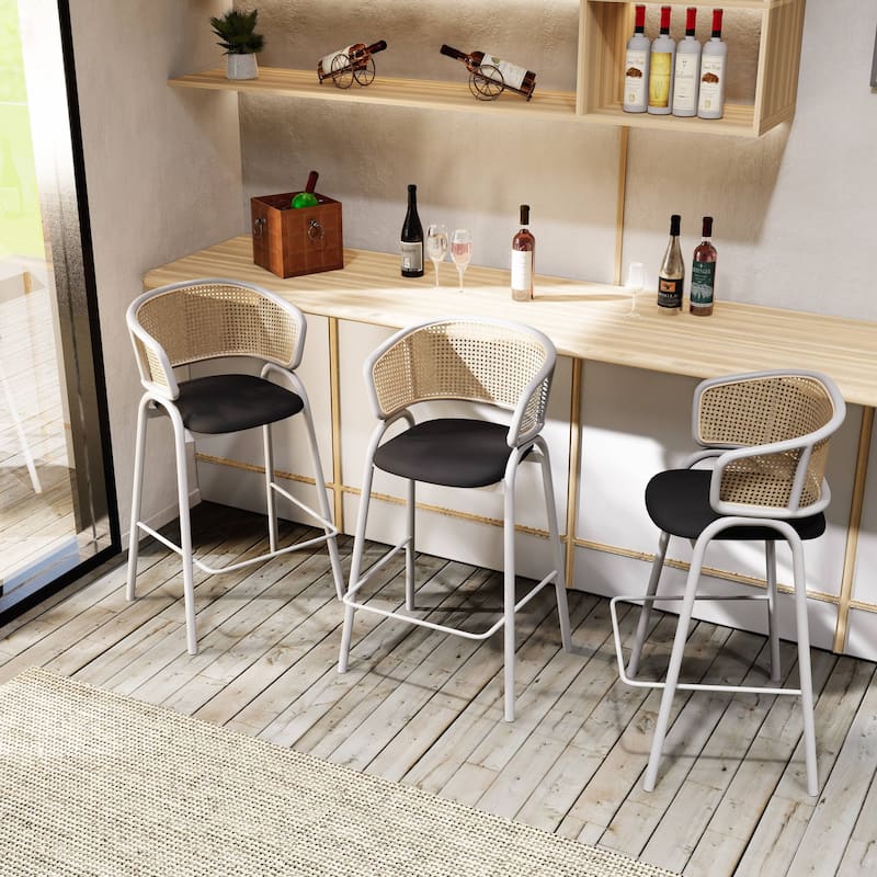 LeisureMod Ervilla Set of 2 Modern Wicker Leather Bar Stool with Curved Back & White Steel Frame for Home Office Dining Room