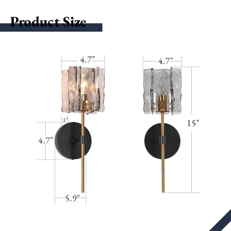 Kasy Modern 1-Light Textured Glass Wall Sconce Brass Vanity Light - Grey Smoke&Gold - 4.7"L x 5.9"W x 15"H