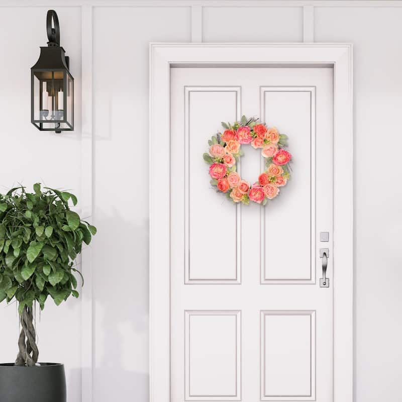 Peony and Rose Floral Artificial Spring Wreath, 24-Inch, Unlit