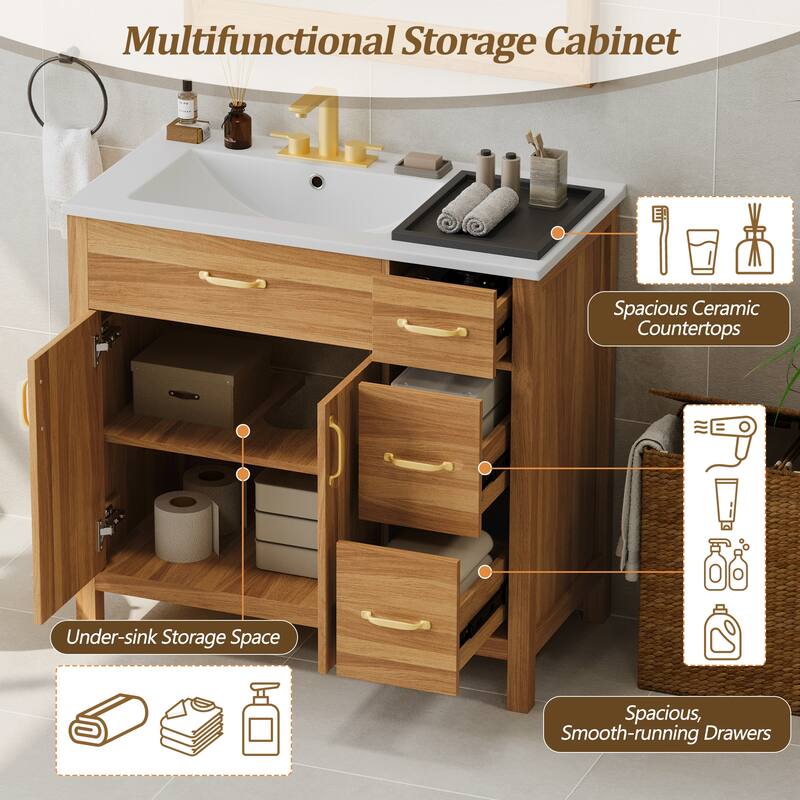 36" Wood Bathroom Vanity with Ceramic Sink, 3 Soft Close Drawers, 2 Doors & Adjustable Shelf, Solid Wood Frame