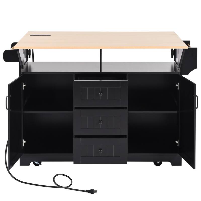 55.7" Large Kitchen Island with Power Outlet, Rolling Kitchen Cart on 5 Wheels, Folding Storage Dining Table