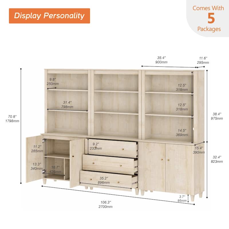 WAMPAT 71" Tall Bookshelf Set of 3, 5-Tier Modern Bookcase with 2 Cabinets and 3 Drawers for Living Room