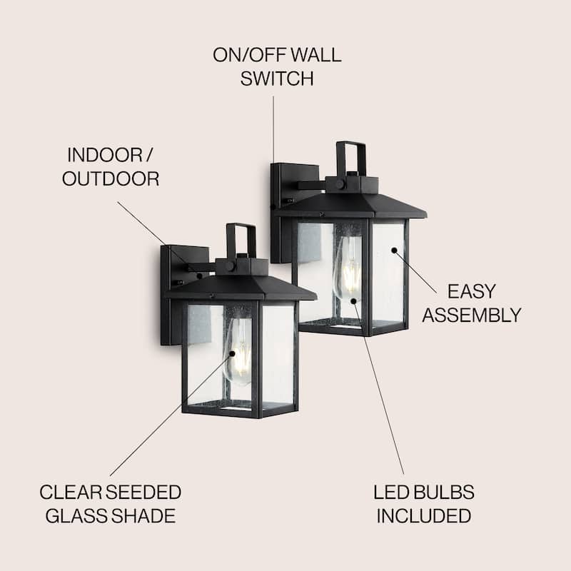 Cadiz 6.75" 1-Light Iron/Seeded Glass Rustic Traditional Lantern LED Outdoor Lantern, Black (Set of 2) by JONATHAN Y