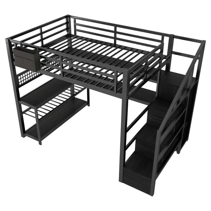 Full Size Metal Loft Bed Frame with Staircase, Wardrobe, Desk, Mesh Board, Storage Shelves, Pocket, LED Lights, Charging Station