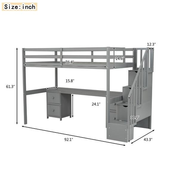 Twin Loft Bed with Desk & Storage Drawers - Gray