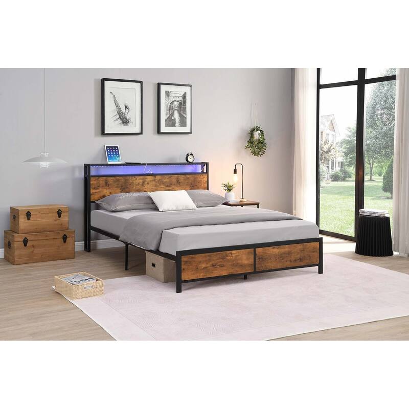 Modern Industrial Noise Free Platform Bed Frame with 2 USB Ports, LED