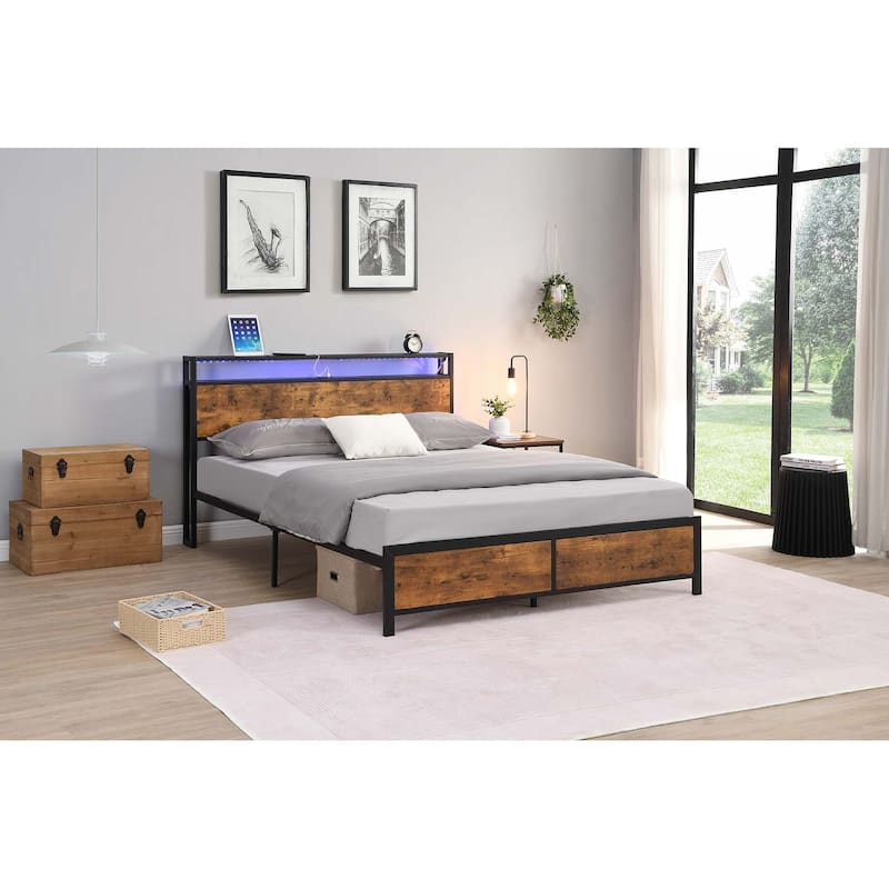 Noise Free Metal/Wood Platform Bed Frame with 2 USB Ports, Modern Industrial LED Lights Headboard Bed Frame with Shelf