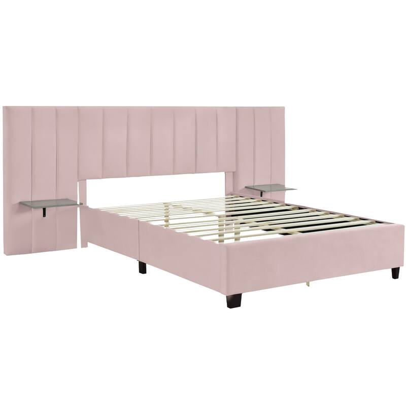 Modern Style Velvet Upholstered Platform Bed with Big Headboard for Bedroom
