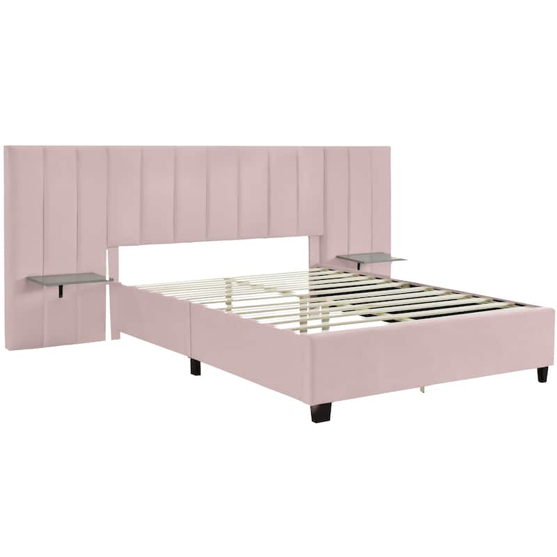Queen Size Modern Style Velvet Upholstered Platform Bed with Big Headboard for Bedroom