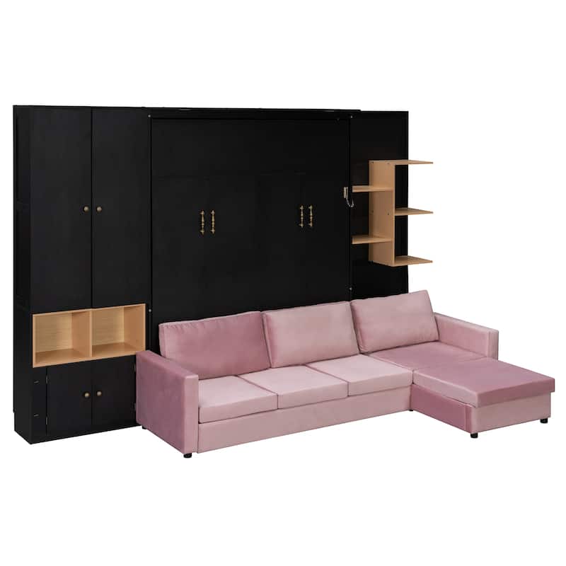 Queen Murphy Bed with Sofa and Cabinets Space Saving Sofa Wall Bed with Open Shelves and Dual Lights for Living Room Guest Room