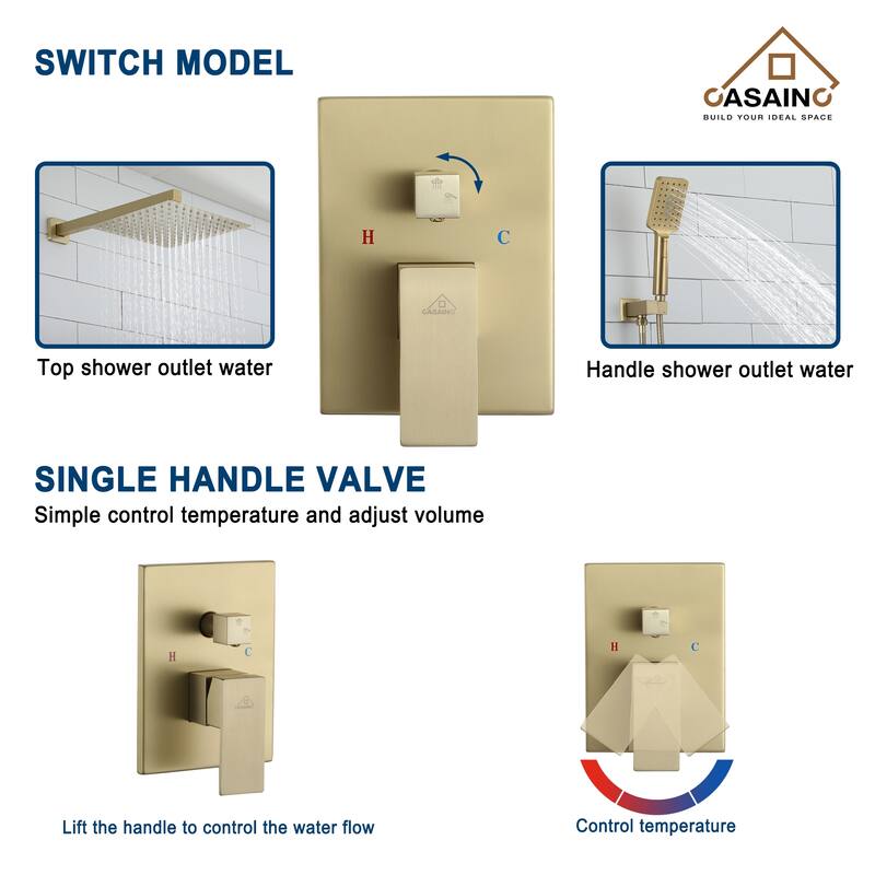 3-Spray Pattern 12 in. Wall Mount Shower System in Brushed Gold