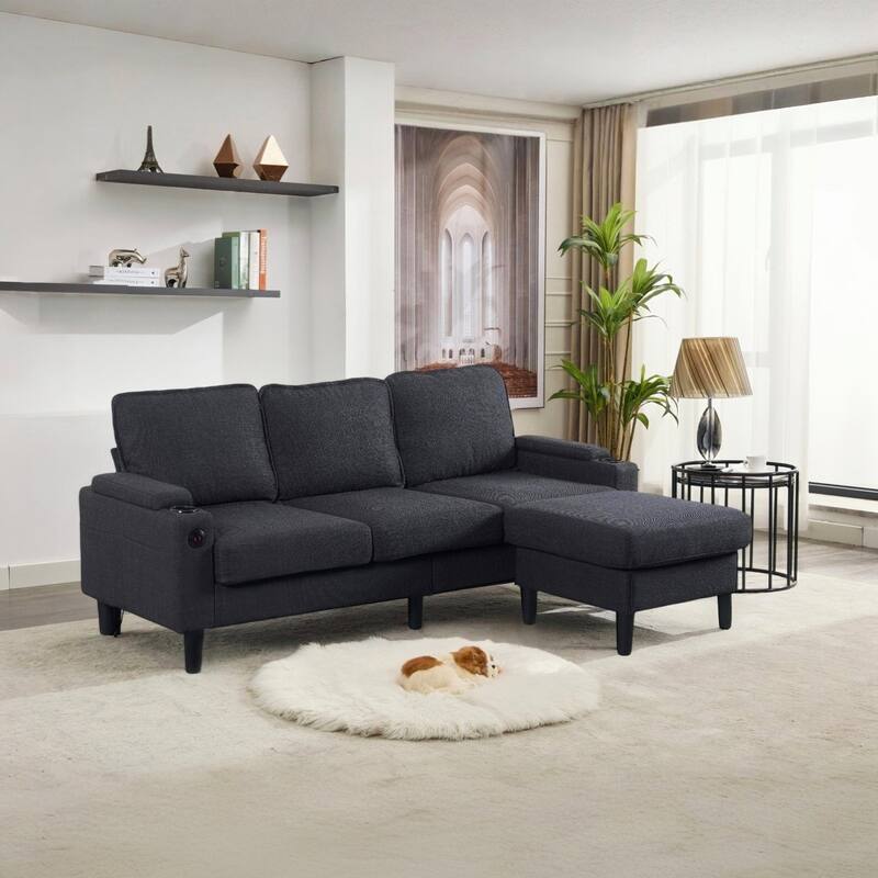 78" Fabric L-Shaped Sectional Sofa with USB, Ottoman & Magazine Bags (3-Seater)