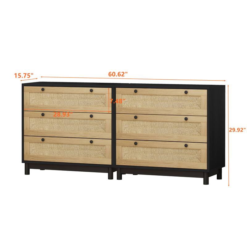 Rustic 3-Drawer Storage Cabinets with Rope Woven Drawers - Set of 2