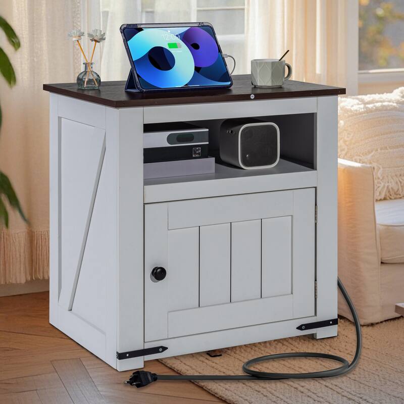 White Wood Farmhouse End Table with Power Strip and Sliding Door - 24.02” L x 17.99” W x 23.94” H