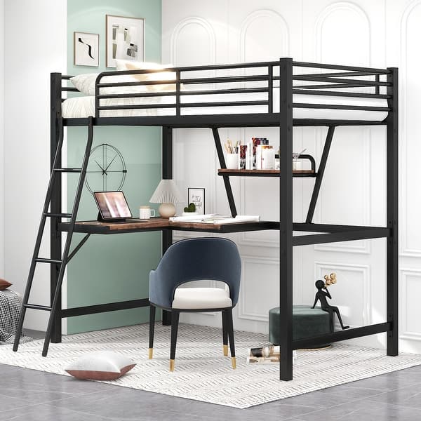 slide 2 of 34, Loft Frame Metal Bed with L-shape Wood Desk and Shelf Black - Twin
