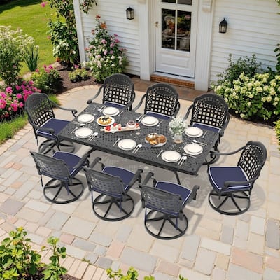 9-Piece Aluminum Rectangular Outdoor Patio Dining Set, 8 Cushioned Swivel Chairs, Table, All-Weather Frames