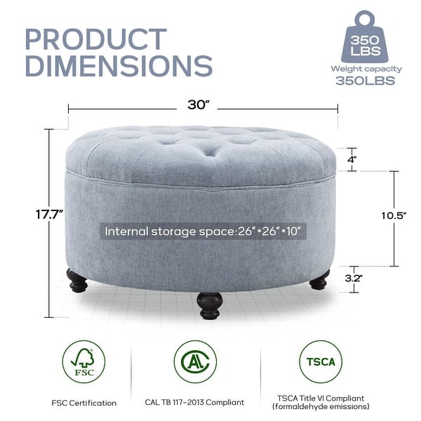 dimension image slide 1 of 5, Tufted Large Round Storage Ottoman Footrest Beige/ Grey/ Blue