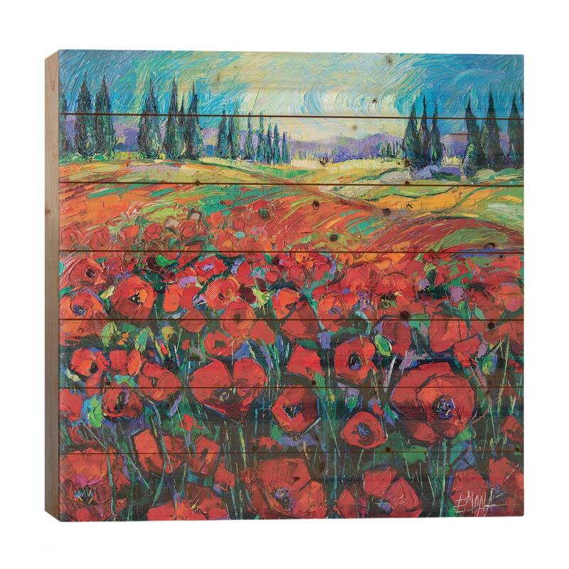 Poppies And Cypresses Print On Wood by Mona Edulesco - Multi-Color - 26x26x1.5