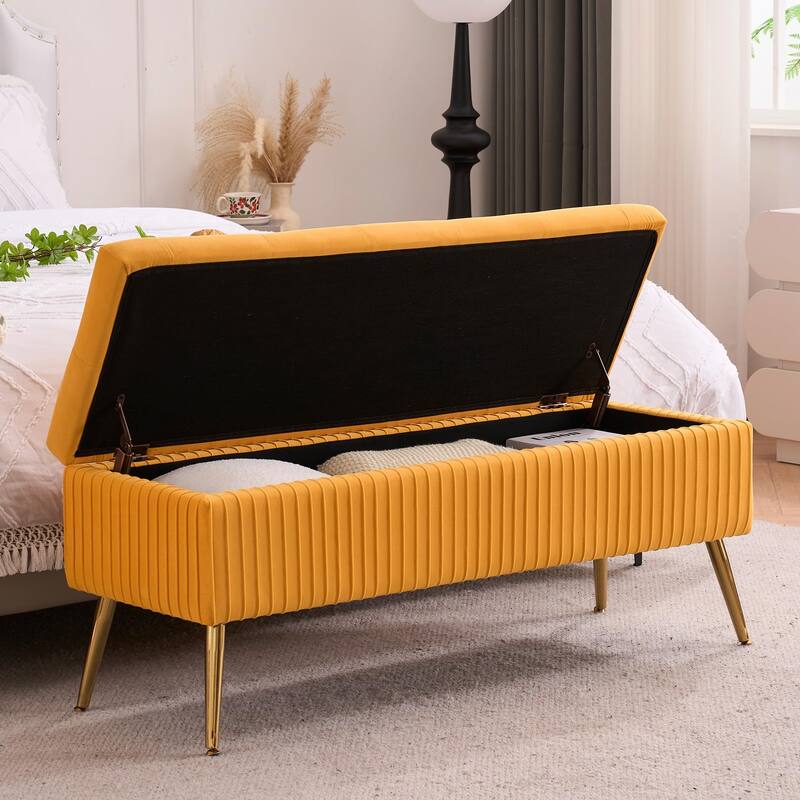 Velvet Storage Bench for Bedroom,End of Bed Bench for King Size Bed, Modern Upholstered Long Ottoman Bench for Entryway - 45" Wide - Mustard