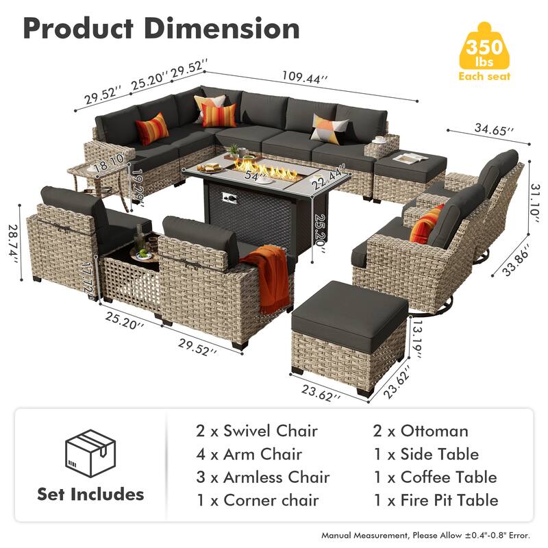 HOOOWOOO 15-piece Outdoor Sofa Patio Wicker Furniture Sectional Set with 54" Fire Pit Table