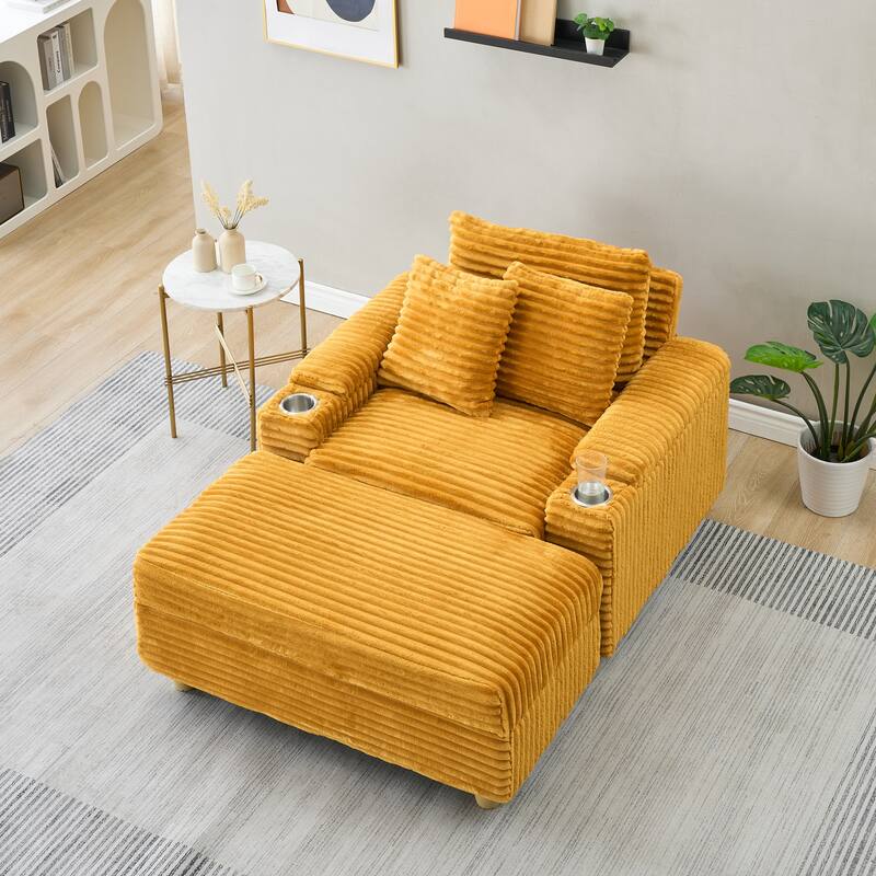 Corduroy Accent Chair & Storage Ottoman Set of 2, Single Sofa Armchair Lounge Chair with Pillows & Cup Holders