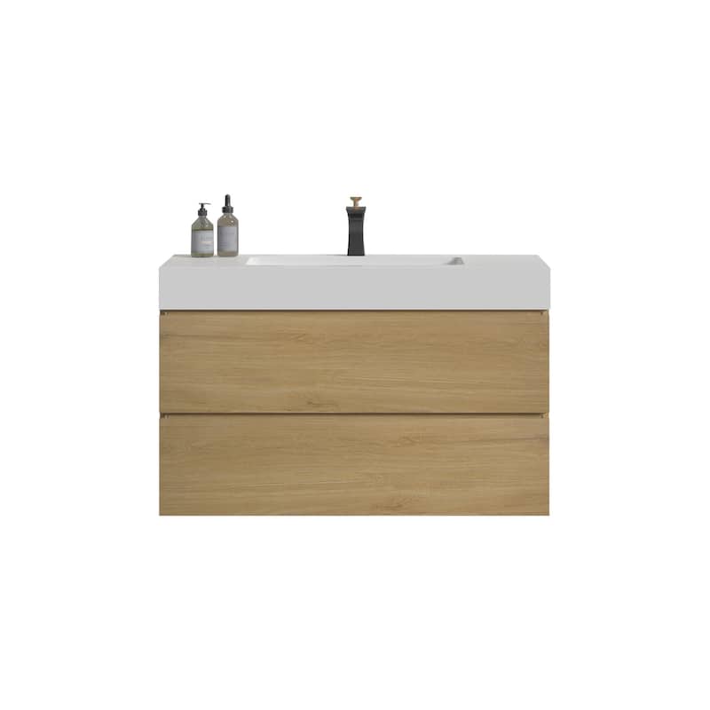 Single Sink Wall-Mounted Bath Vanity in Oak with White Solid Surface Top