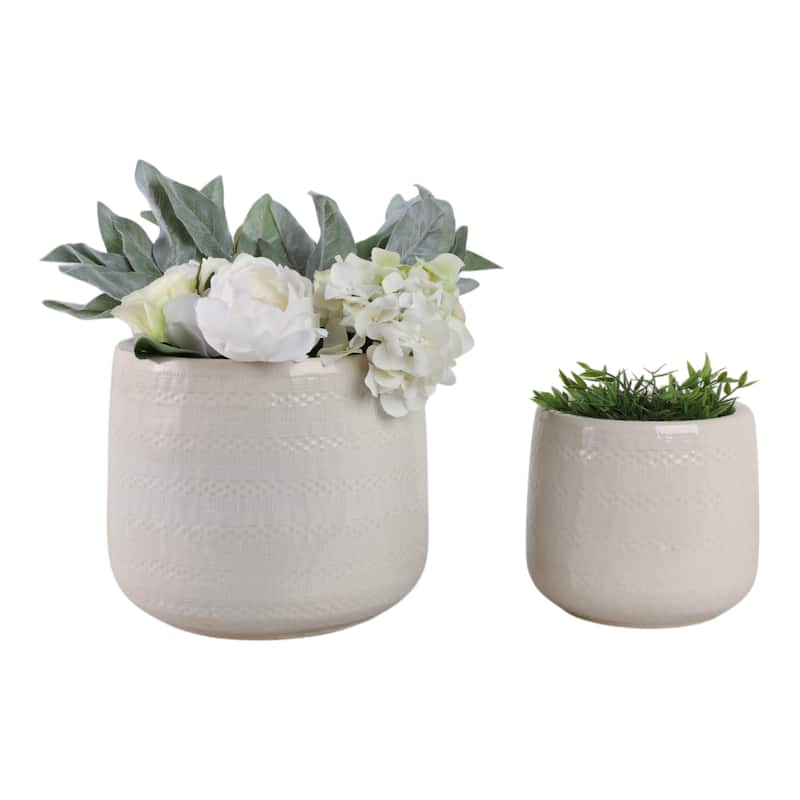Clay Decorative Planters Dots Lines Modern (Set of 2) - 10" White - 12" x 12" x 10"