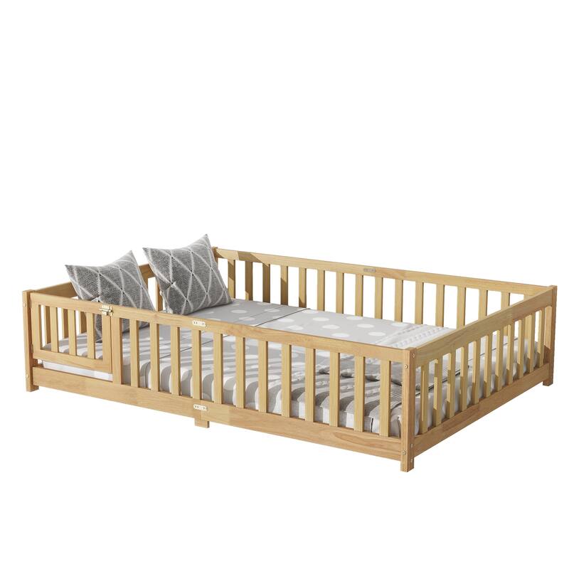 Full Size Floor Bed with Fence and Door, Rubber Wood Floor Bed with Safety Guardrails