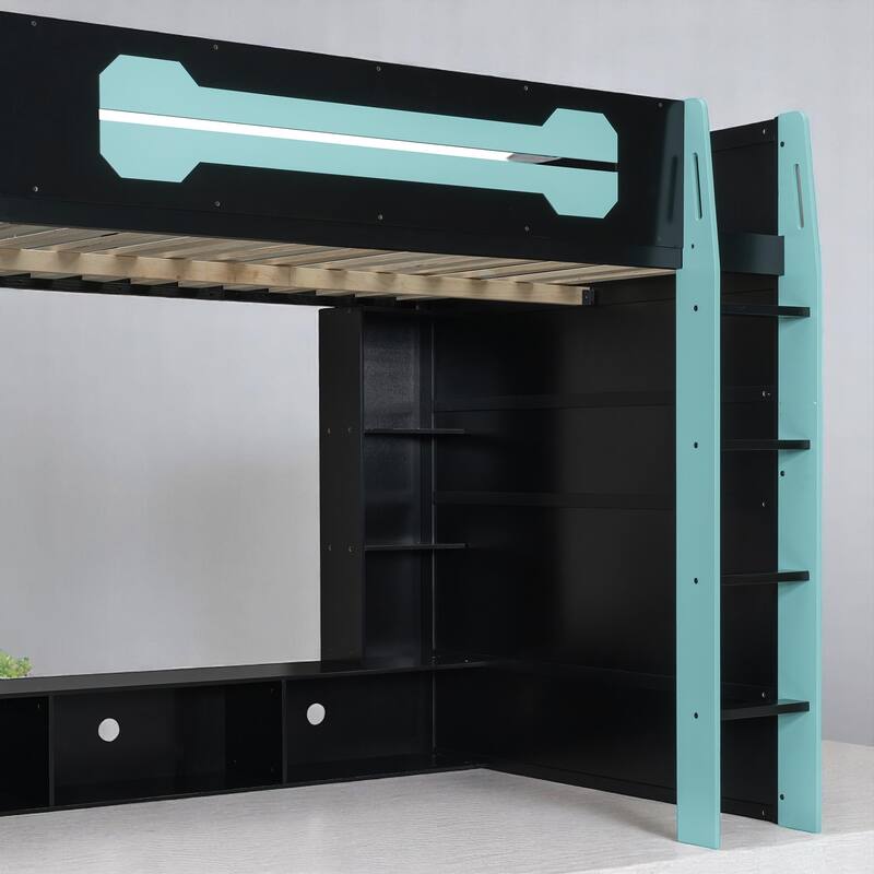 Full Size Gaming Loft Bed with Storage Shelves, Built-in Desk and RGB Light, Sturdy Wood Construction